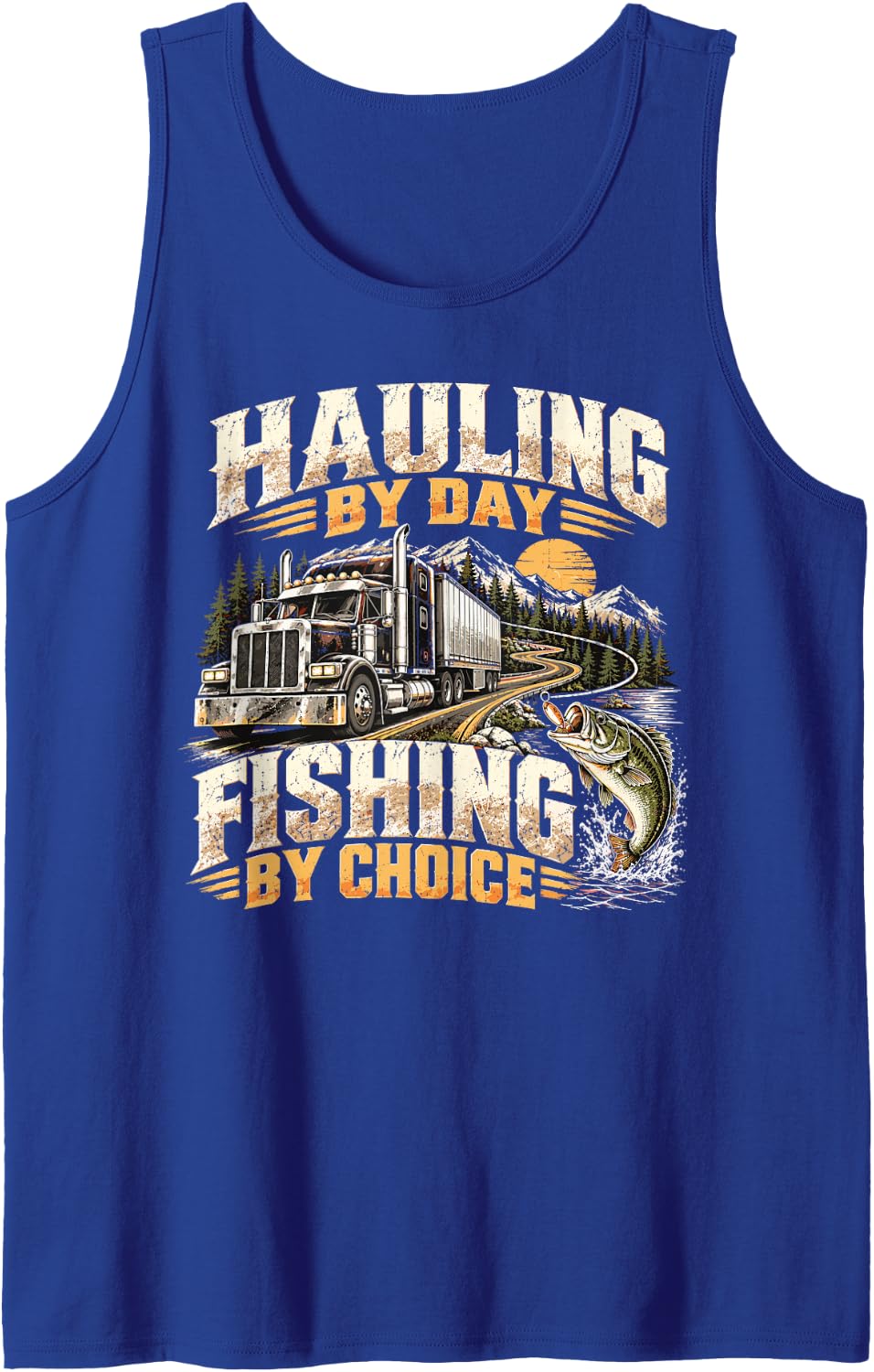 American Truck Driver Fishing Highway Vintage Sleeveless Tank Top - Royal Blue