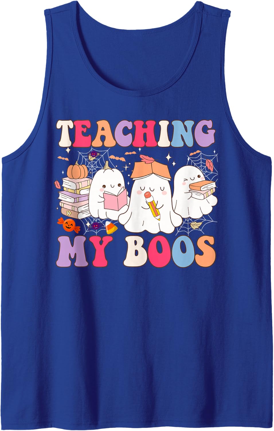 Teaching My Boos Teacher Cute Ghost Groovy Teacher Halloween Sleeveless Tank Top - Royal Blue