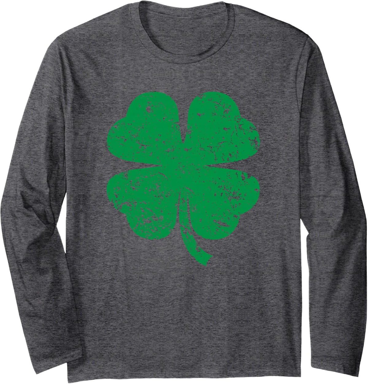 Vintage Distressed Green Four Leaf Clover St. Patrick's Day Long Sleeve T-Shirt - Adult Unisex Dark Heather Grey
