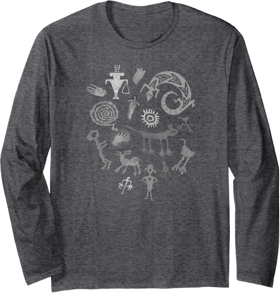 Multiple Petroglyphs in Gray! Ancient rock art carvings! Long Sleeve T-Shirt - Adult Unisex Dark Heather Grey