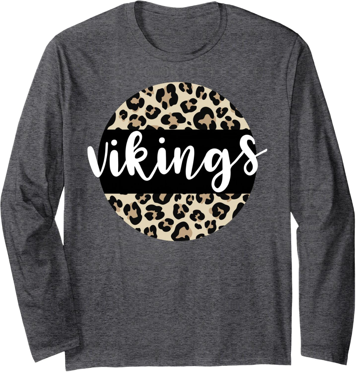 Leopard Print Vikings Team Mascot School Spirit Game Night Long Sleeve T-Shirt - Adult Unisex Dark Heather Grey