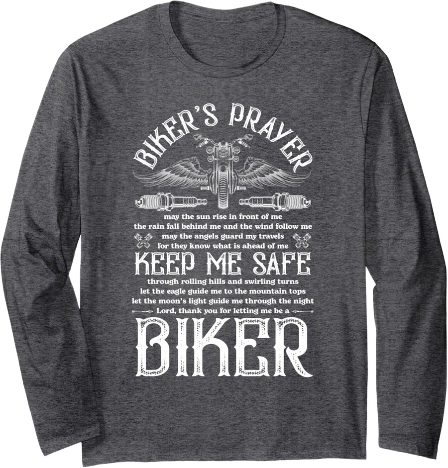 Biker's Prayer Funny Biker Long Sleeve T-Shirt - Adult Unisex Dark Heather Grey