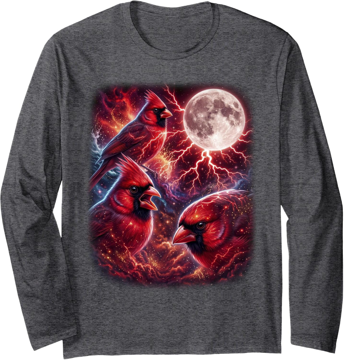 Majestic Three Northern Cardinal Wildlife Moon Bird Art Long Sleeve T-Shirt - Adult Unisex Dark Heather Grey