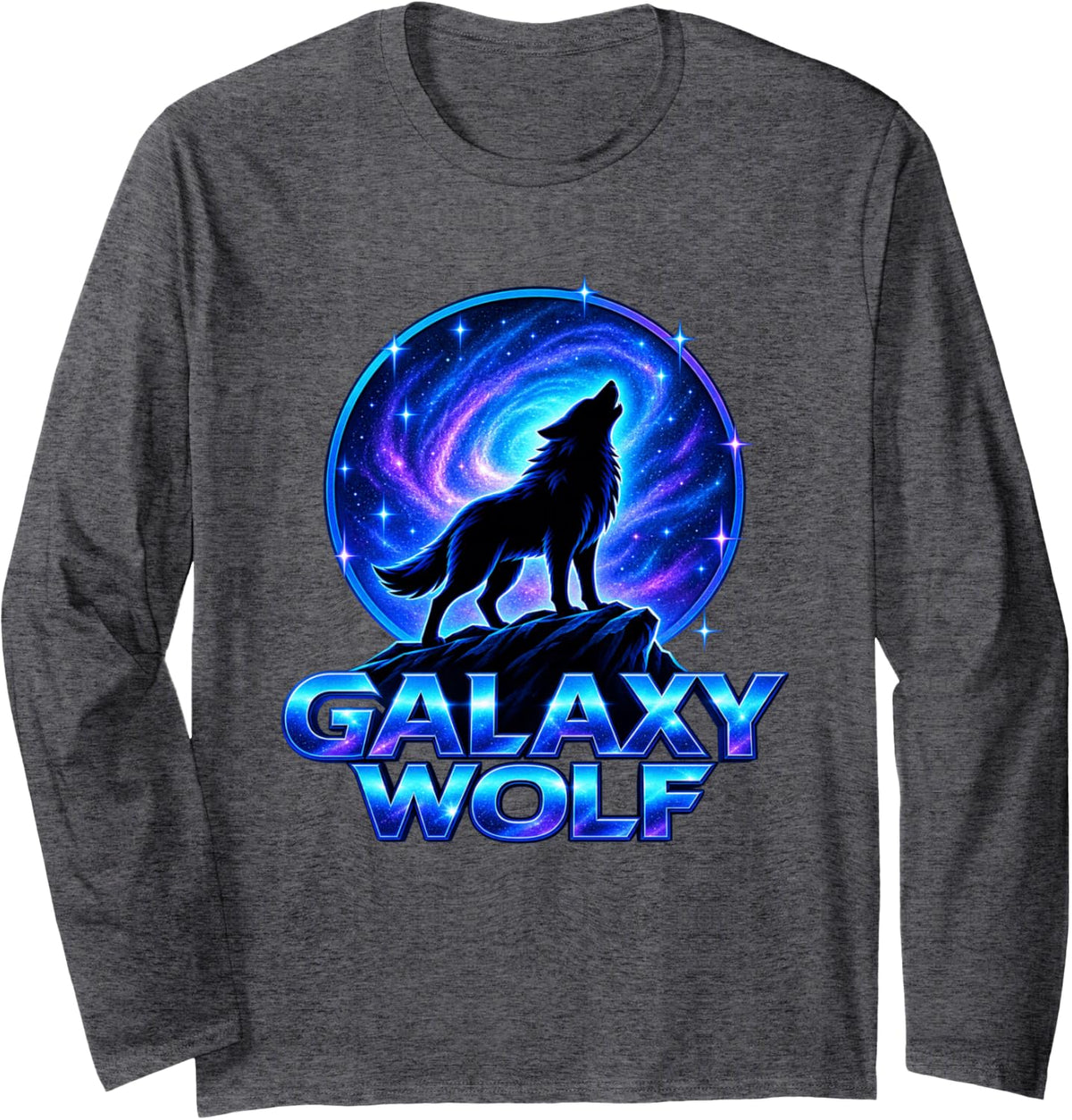 Galaxy Wolf Howling Cosmic Space Nebula Stargazing Celestial Long Sleeve T-Shirt - Adult Unisex Dark Heather Grey