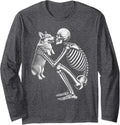 Skeleton Holding Corgi Retro Halloween Dog Long Sleeve T-Shirt - Adult Unisex Dark Heather Grey