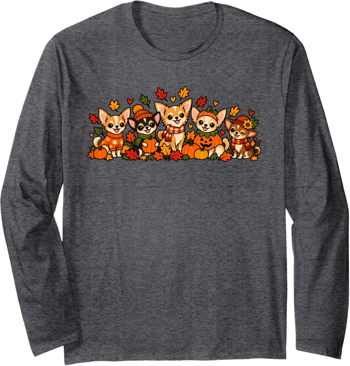Cute Autumn Chihuahua Dog Lovers Fall Thanksgiving Long Sleeve T-Shirt - Adult Unisex Dark Heather Grey