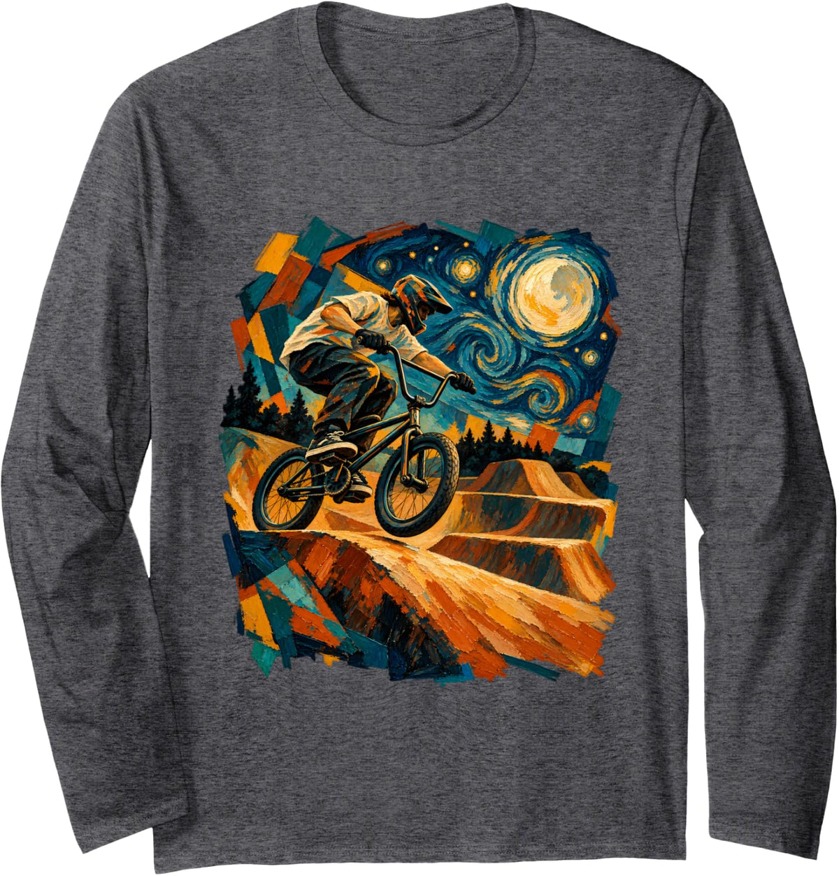 Starry Night BMX Dirt Jump Rider Freestyle Bike Tricks Long Sleeve T-Shirt - Adult Unisex Dark Heather Grey