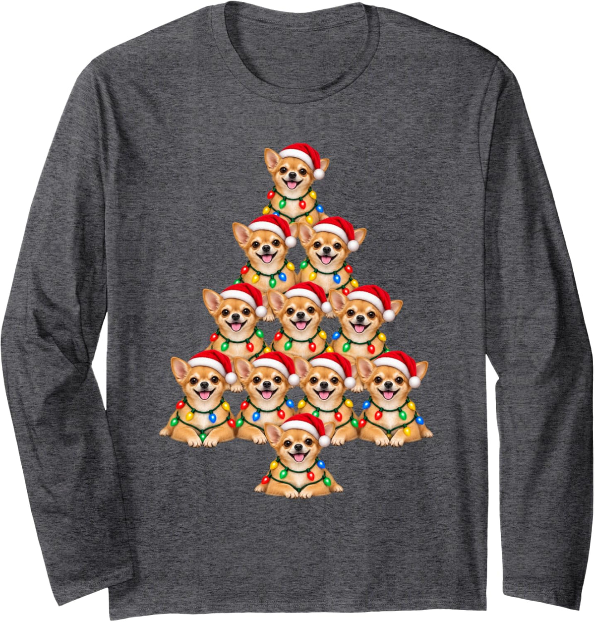 Chihuahua Dog Christmas Tree Santa Hat Pet Dogs Lover Xmas Long Sleeve T-Shirt - Adult Unisex Dark Heather Grey