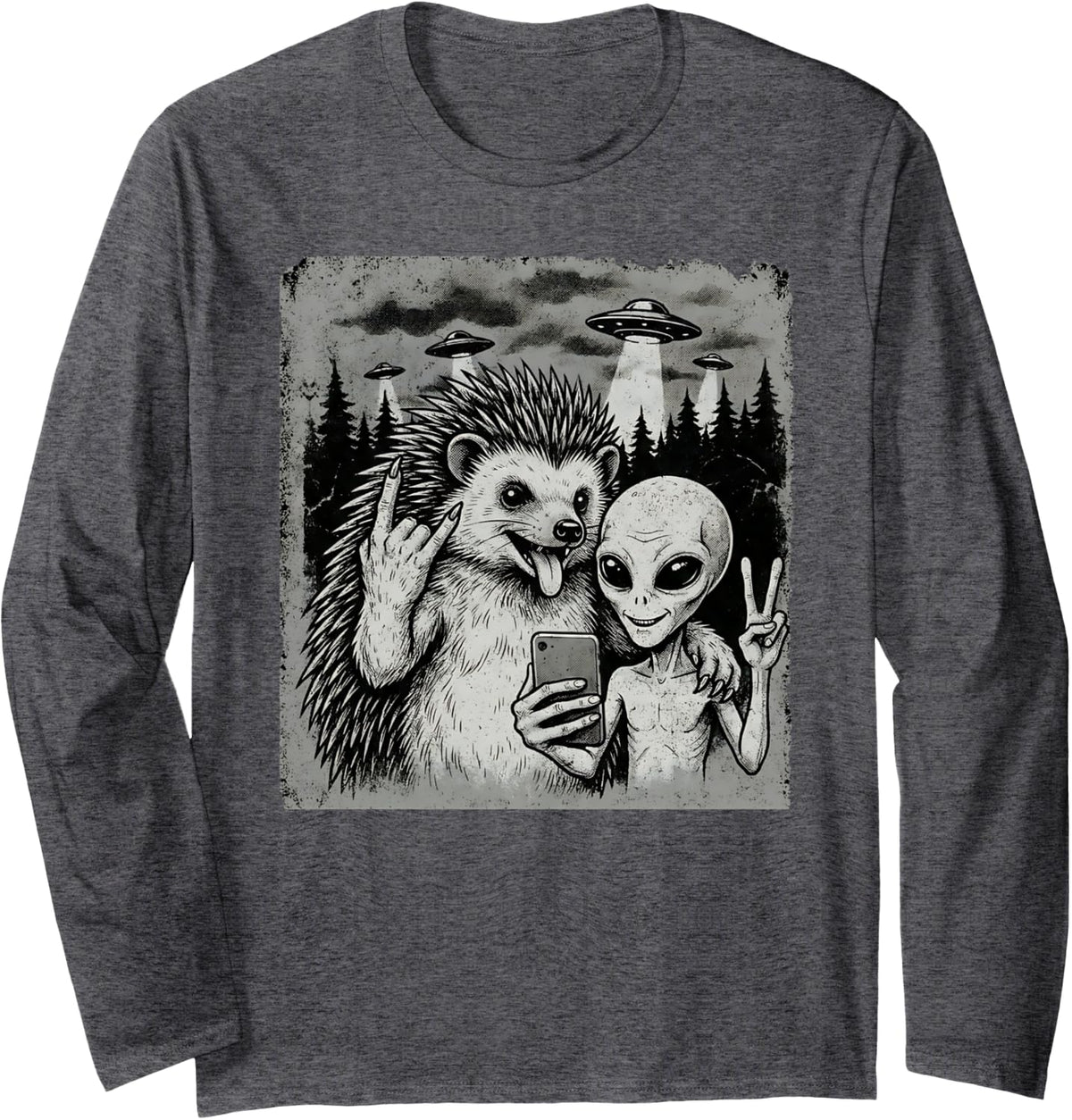 Funny Hedgehog and Alien Rock On Hand Sign UFO Selfie Long Sleeve T-Shirt - Adult Unisex Dark Heather Grey