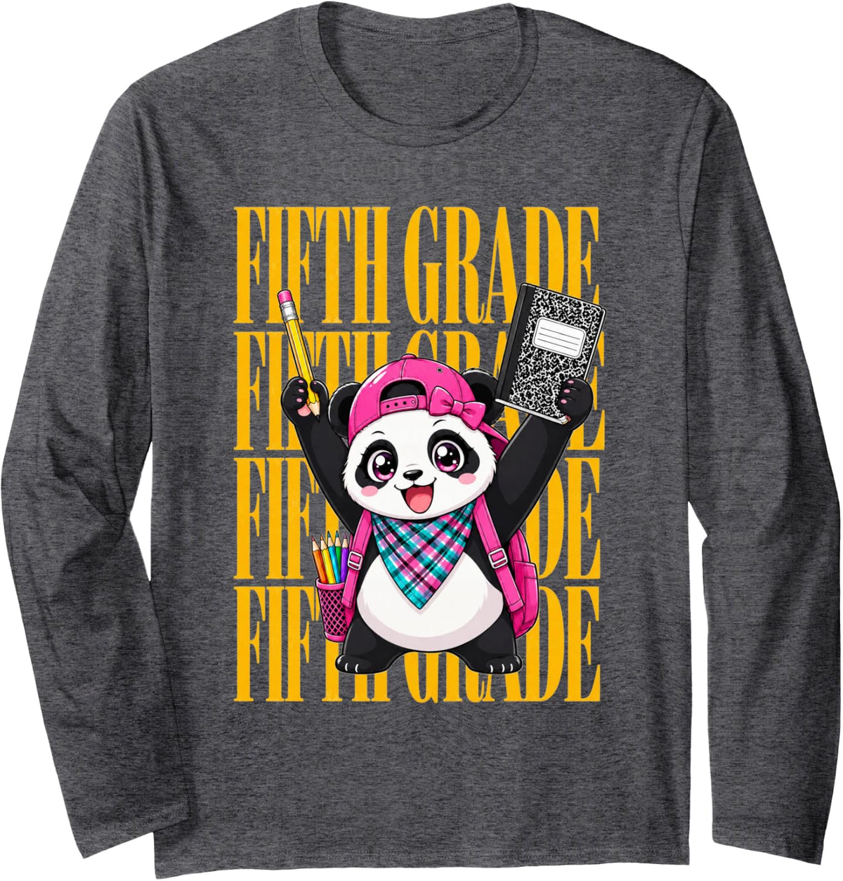 Fifth Grade Girl Panda Back to School Cute Student Long Sleeve T-Shirt - Adult Unisex Dark Heather Grey