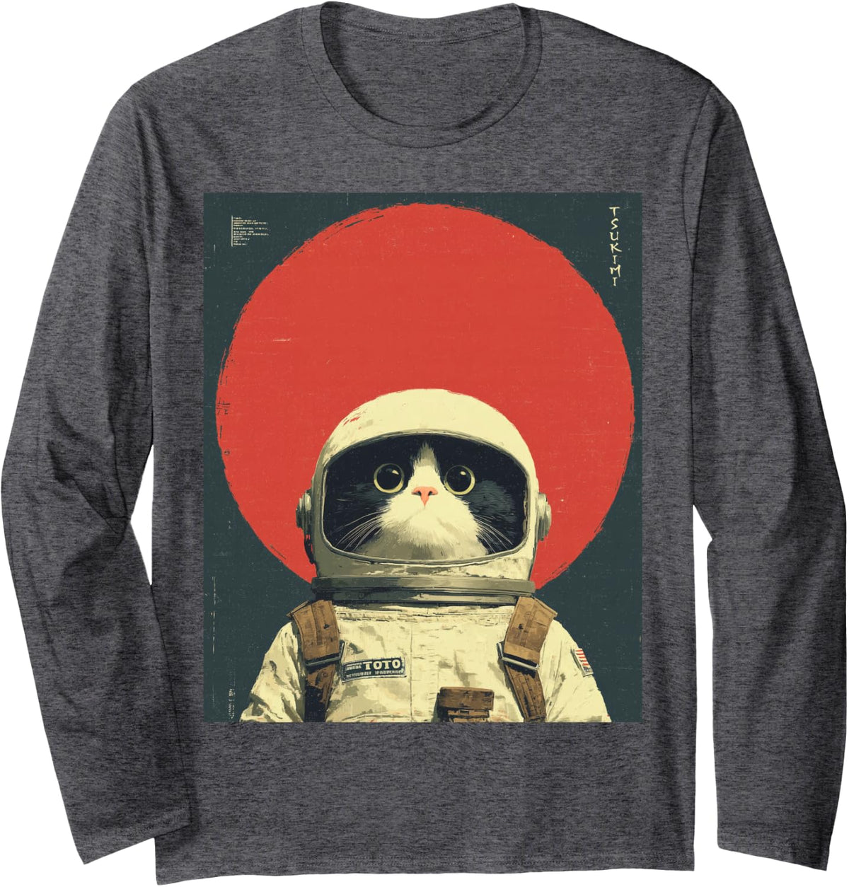 Japanese Retro Space Cat Lovers Luck Good Kanji Astronaut Long Sleeve T-Shirt - Adult Unisex Dark Heather Grey