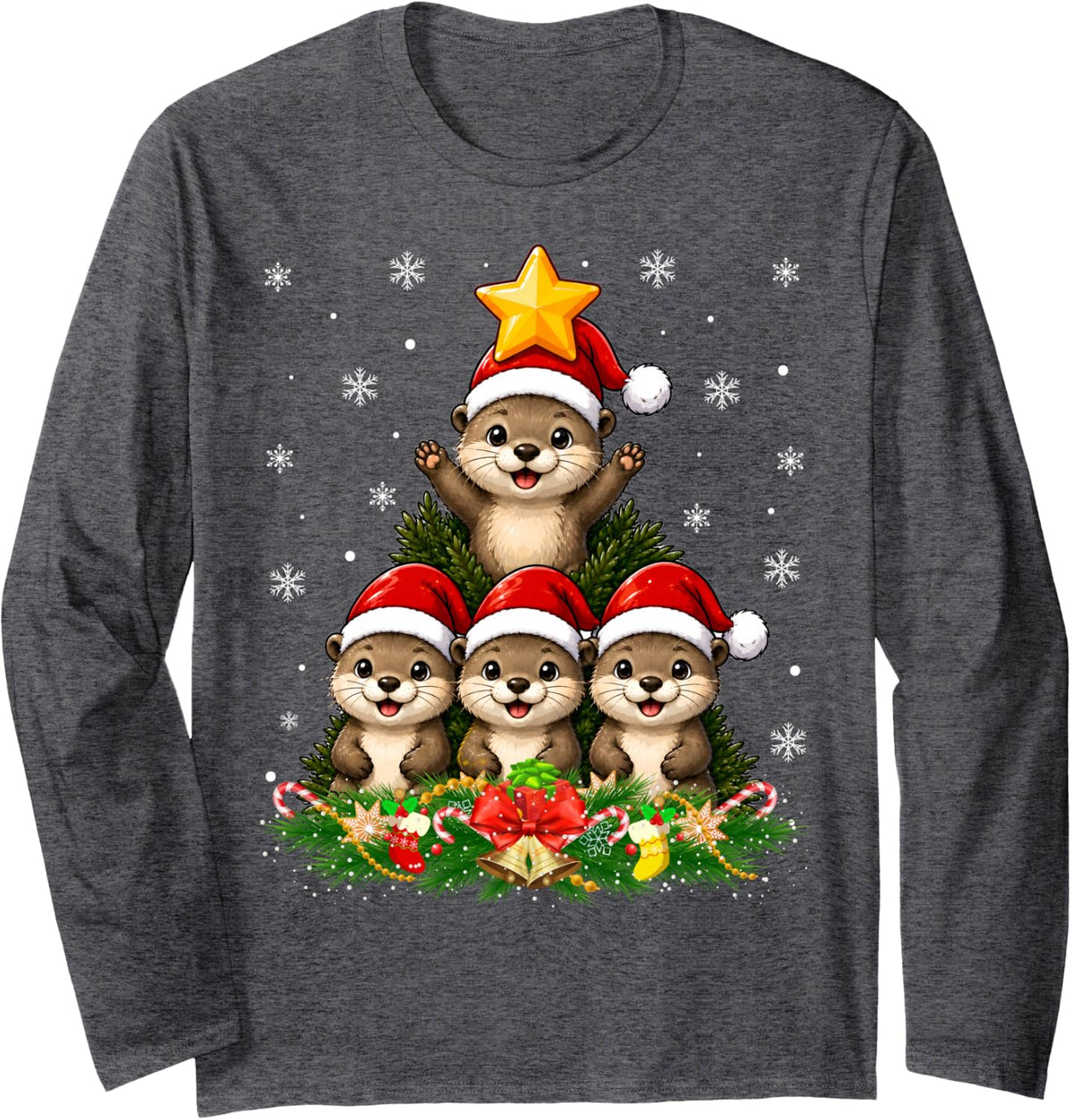 Otter Christmas Tree Cute Animal Festive Otter Xmas Long Sleeve T-Shirt - Adult Unisex Dark Heather Grey