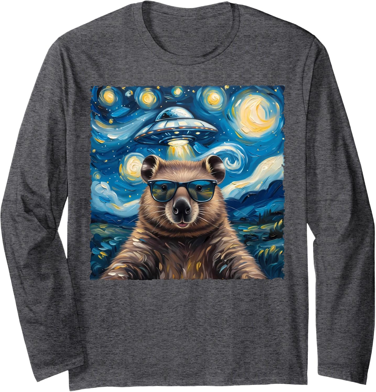 Wombat Selfie Van Gogh Style Starry Night Alien UFO Sci-Fi Long Sleeve T-Shirt - Adult Unisex Dark Heather Grey
