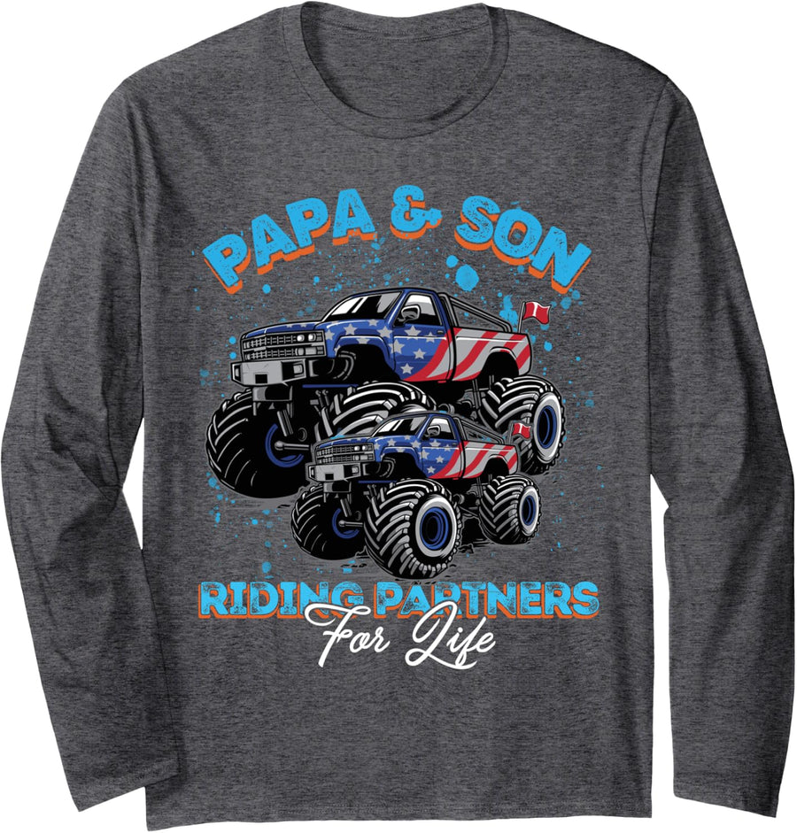Monster Truck Papa and Son Race - Father's Day Birthday Gift Long Sleeve T-Shirt - Adult Unisex Dark Heather Grey