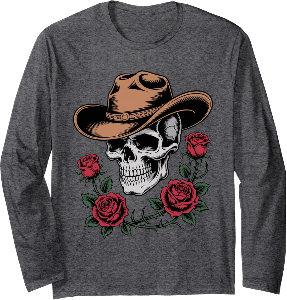 Western Cowboy Skull Rose Wild West Outlaw Skeleton Design Long Sleeve T-Shirt - Adult Unisex Dark Heather Grey