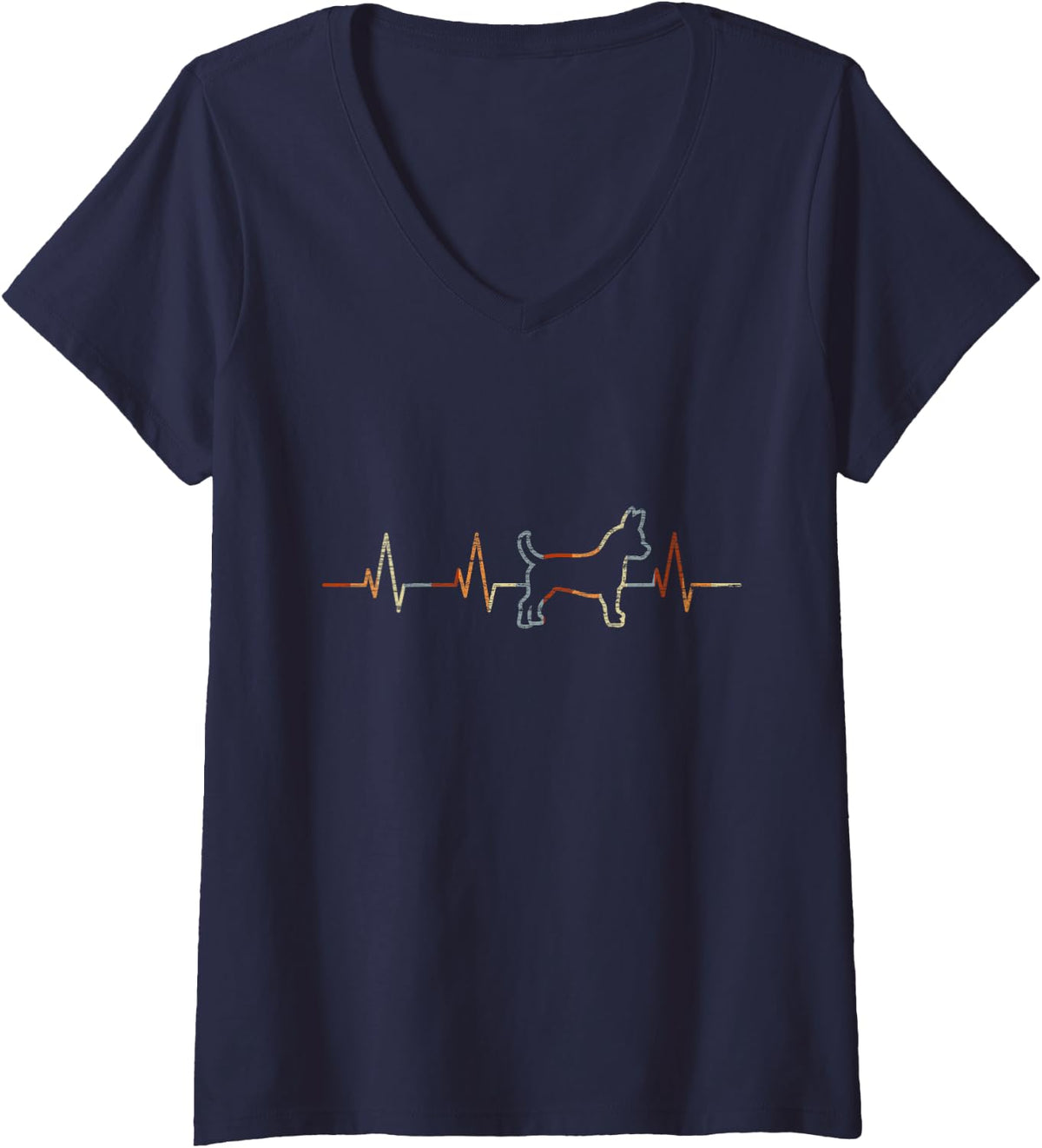Women's Chihuahua Heartbeat Vintage ECG Cardiogram Retro V-Neck T-Shirt - Navy Blue