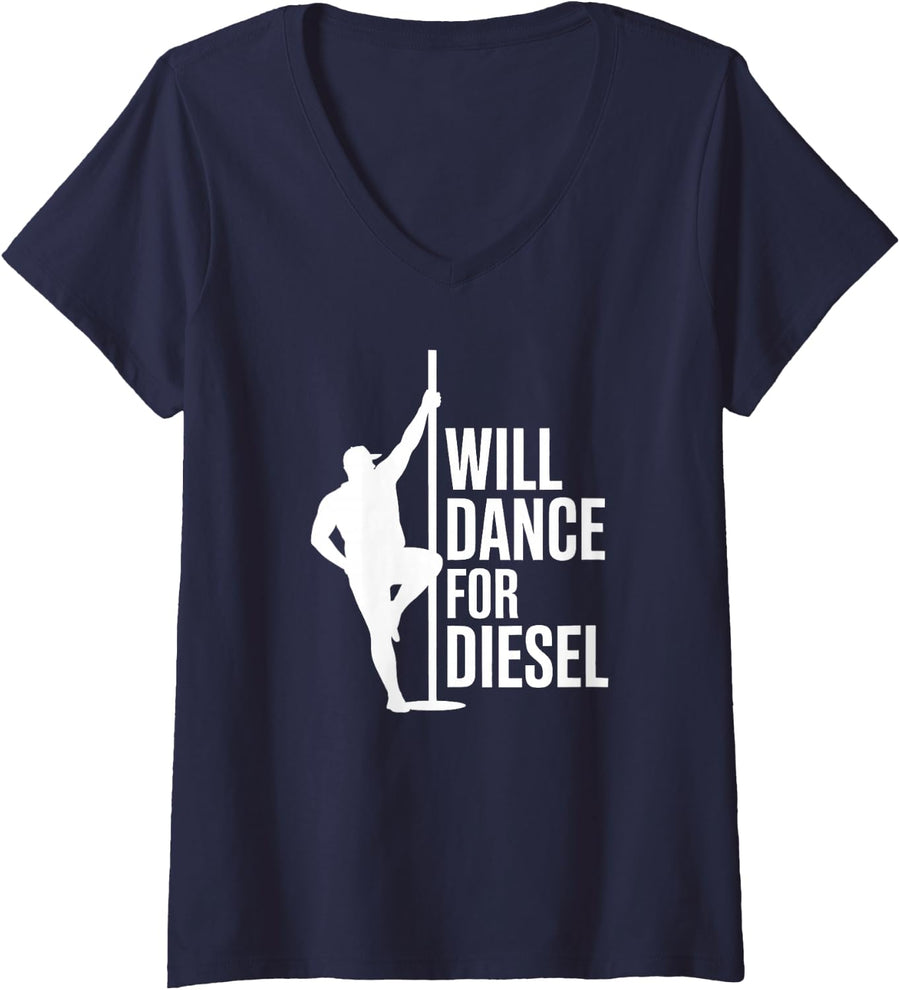 Women's Will Dance for Diesel, Funny Long Haul Semi Truck Driver V-Neck T-Shirt - Navy Blue