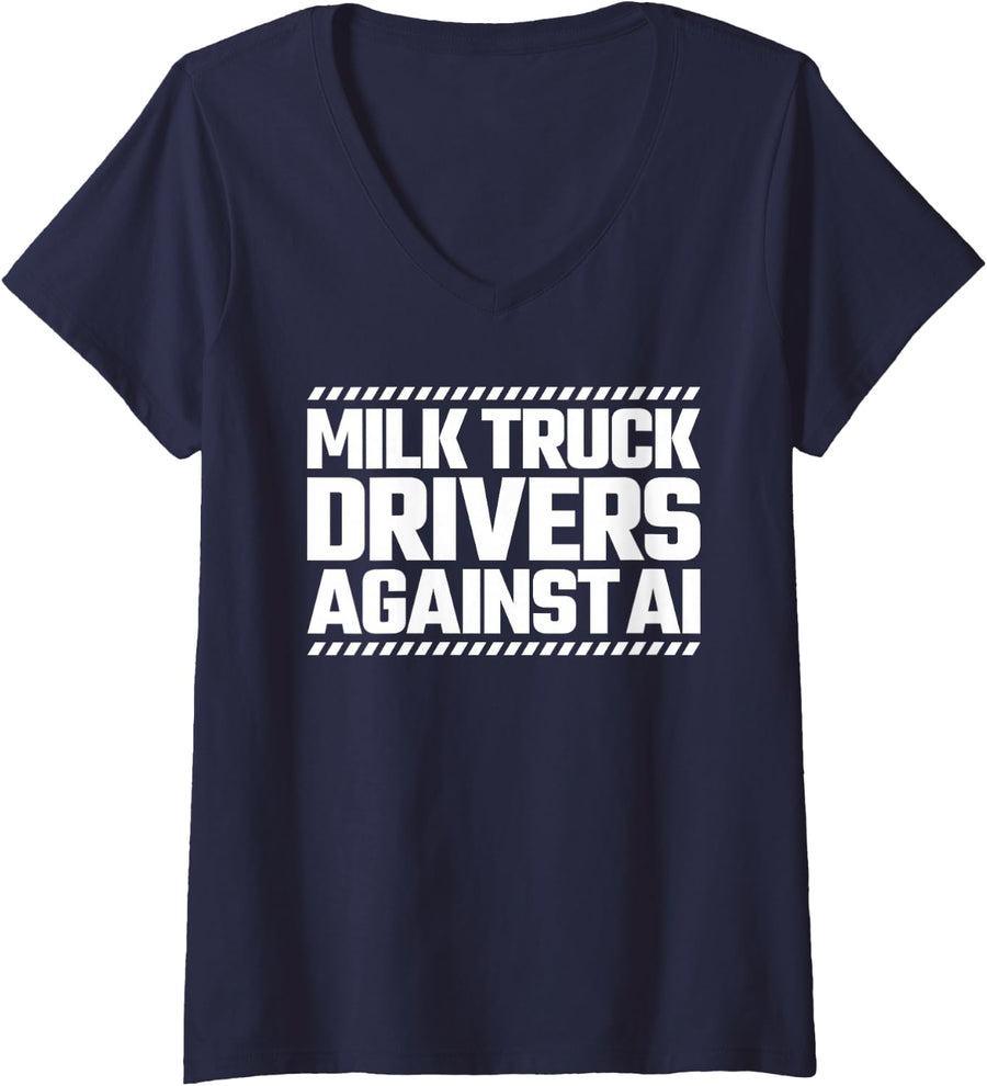 Women's Milk Truck Drivers Against AI V-Neck T-Shirt - Navy Blue