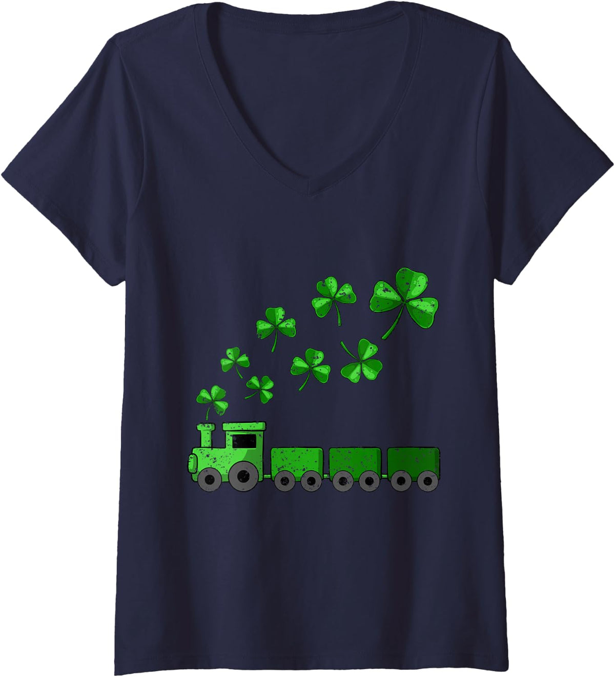 Women's Shamrock Train St Patricks Day Lucky Irish Clover Boys V-Neck T-Shirt - Navy Blue