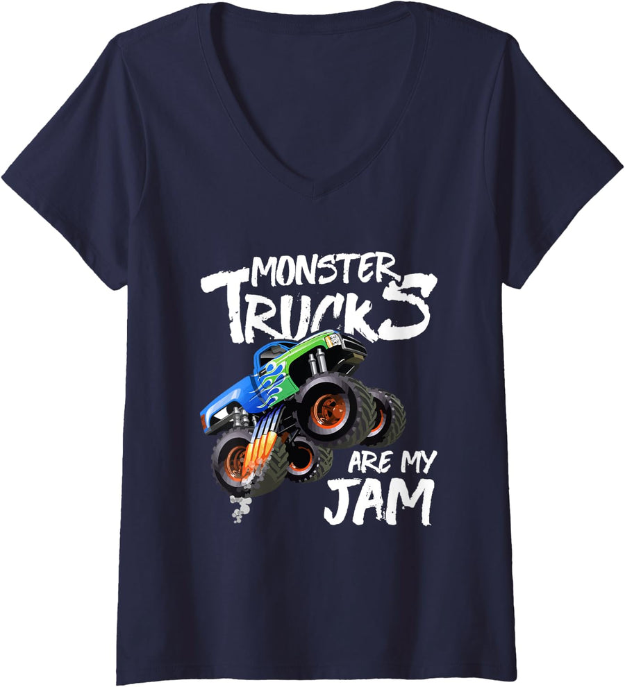 Womens Monster Truck Are My Jam Vintage Retro Racing Trucks Lover V-Neck T-Shirt - Navy Blue