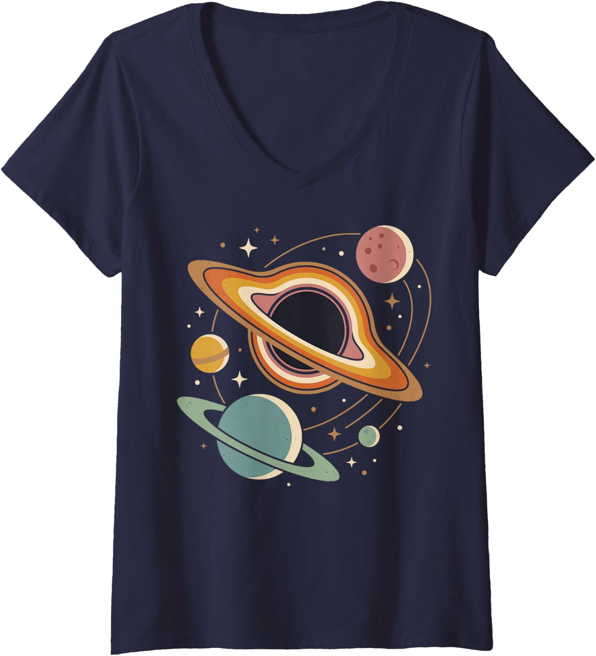 Women's Planet Space Black Hole Science Nerd V-Neck T-Shirt - Navy Blue