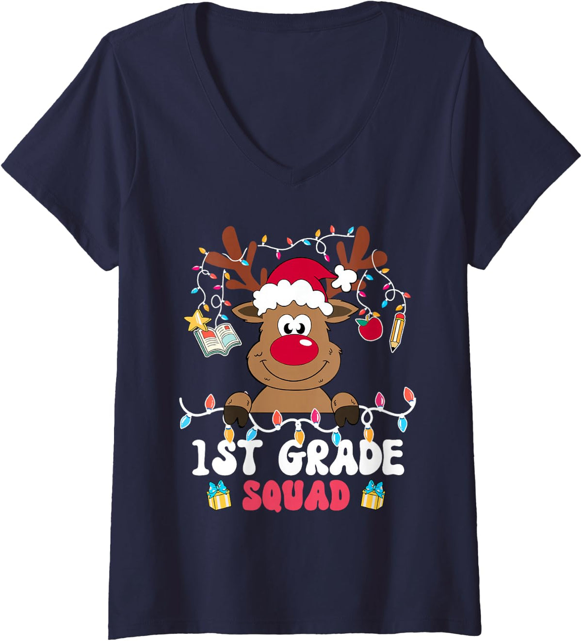 Women's 1st Grade Squad Reindeer Christmas First Grade Teacher Xmas V-Neck T-Shirt - Navy Blue