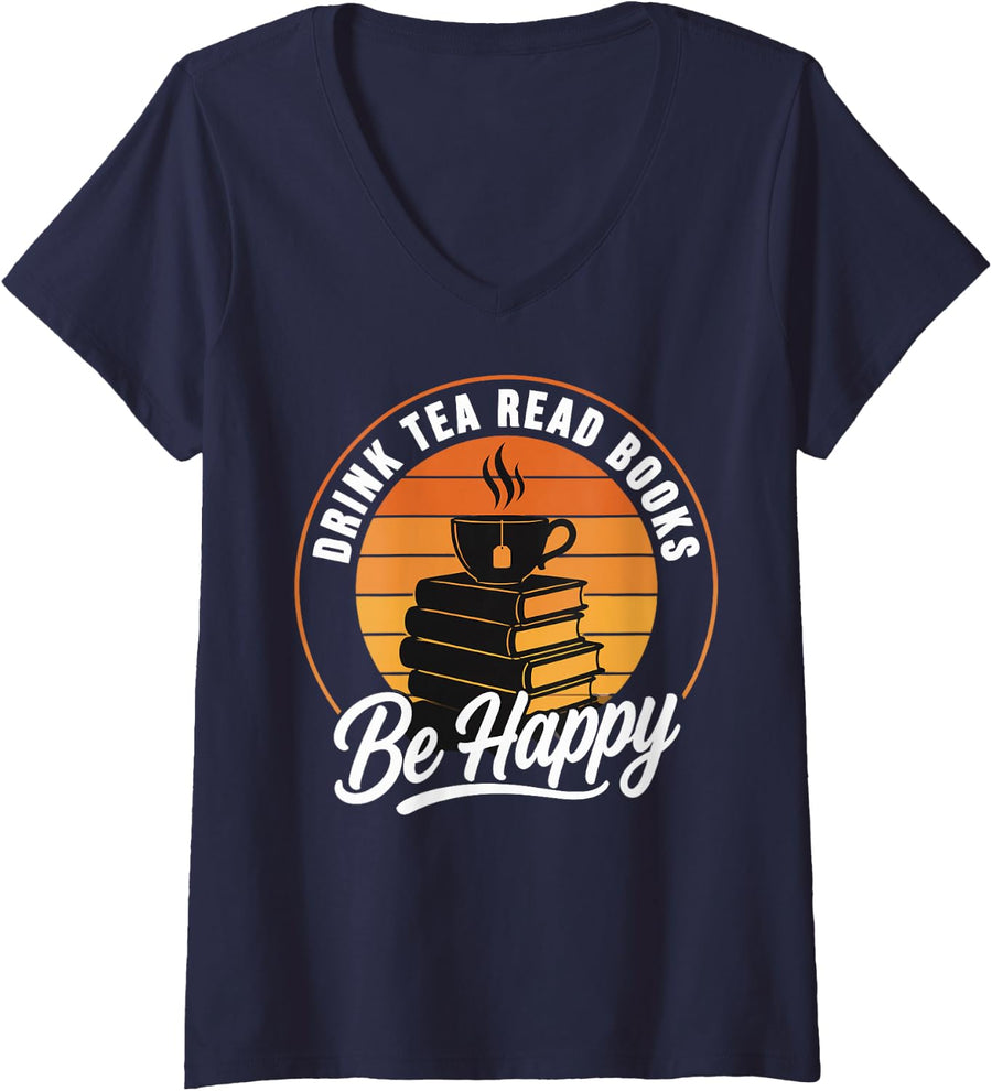 Women's Drink Tea Read Books V-Neck T-Shirt - Navy Blue