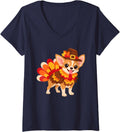 Women's Funny Turkey Chihuahua Women Men Dog Lovers Thanksgiving V-Neck T-Shirt - Navy Blue