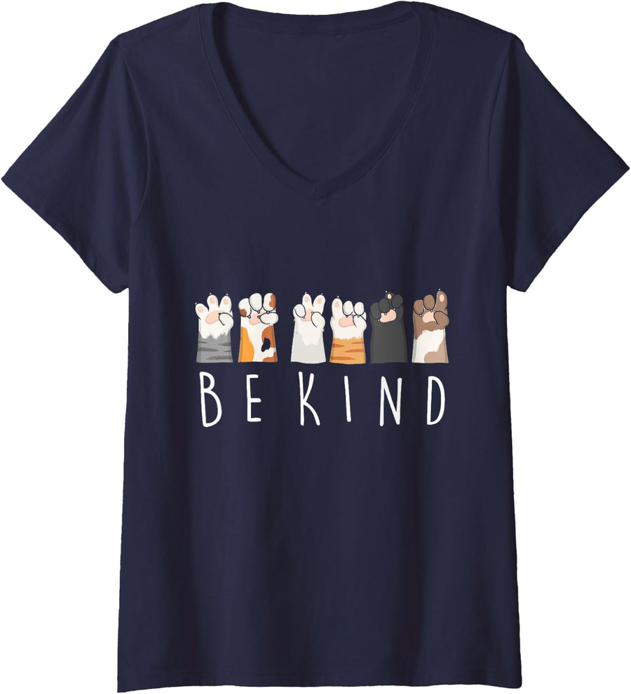 Women's Be Kind ASL Sign Language Kindness Cat Paws Finger Signs V-Neck T-Shirt - Navy Blue