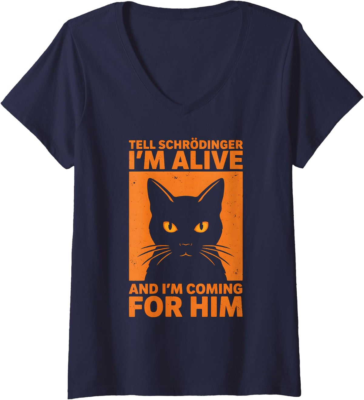 Women's Tell Schrodinger Im Alive for Him Cat Quantum Physics V-Neck T-Shirt - Navy Blue