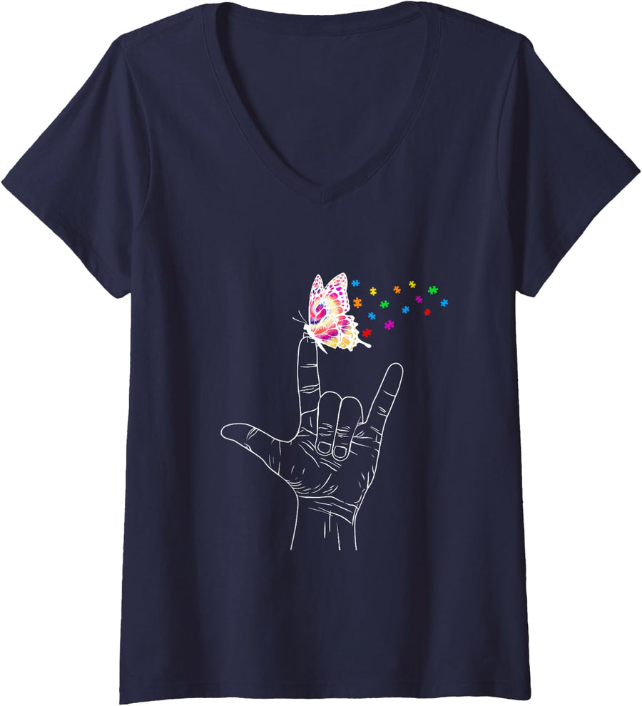 Womens ASL I Love You Hand Sign Language Butterfly Autism Awareness V-Neck T-Shirt - Navy Blue