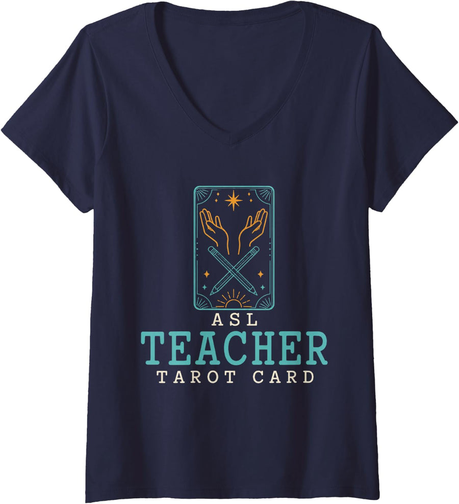 Women's ASL Teacher Tarot Card Sign Language Teacher V-Neck T-Shirt - Navy Blue