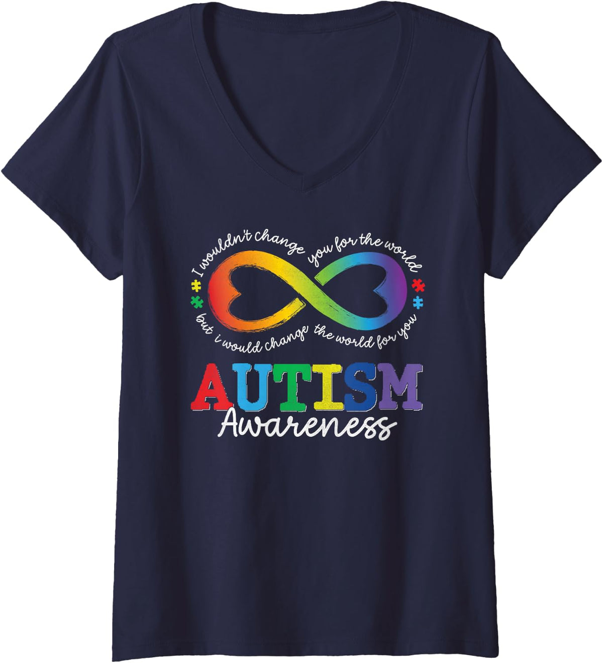 Womens Autism Pride Acceptance Rainbow Infinity Neurodiversity V-Neck T-Shirt - Navy Blue
