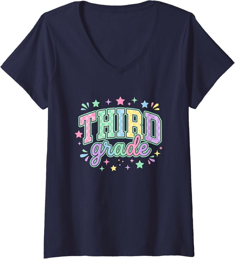 Women's Third Grade Back to School Elementary Student Teacher V-Neck T-Shirt - Navy Blue