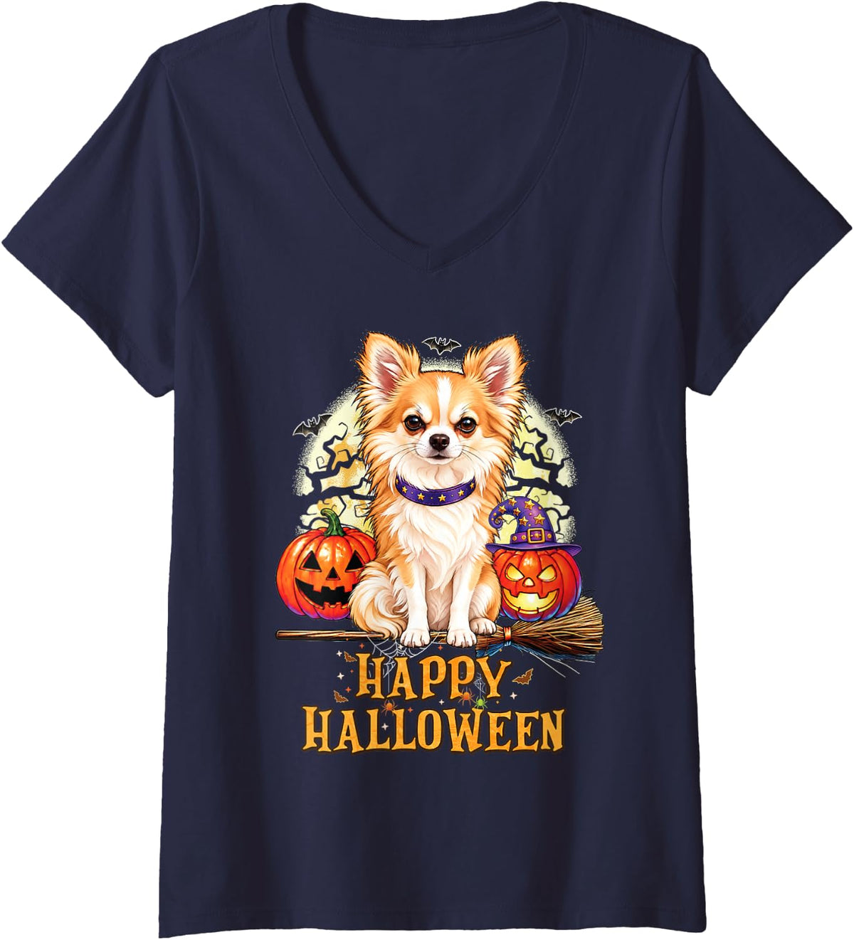 Women's Happy Halloween Cute Chihuahua Witch Dog Lover V-Neck T-Shirt - Navy Blue