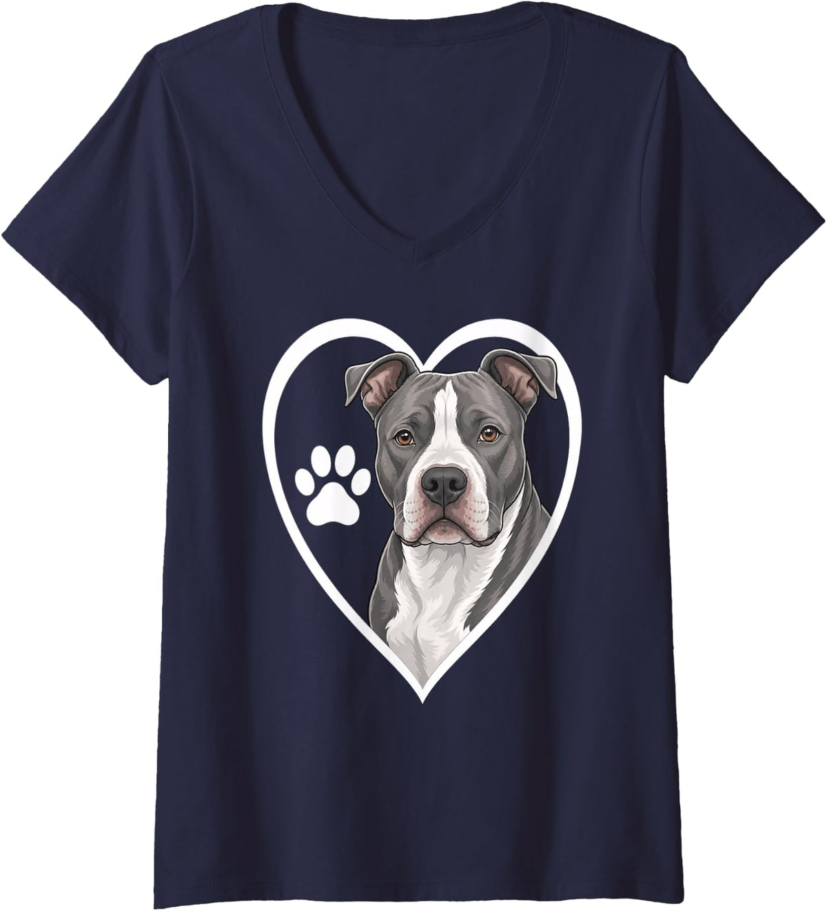 Women's Dog Heart Paw Print V-Neck T-Shirt - Navy Blue