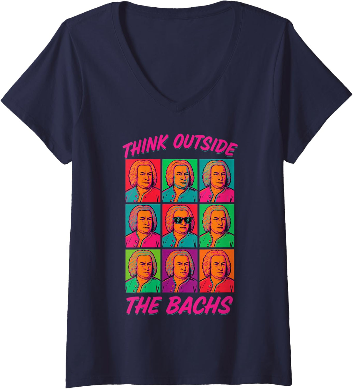Women's Funny Think Outside The Bachs Classical Composer Music Humor V-Neck T-Shirt - Navy Blue