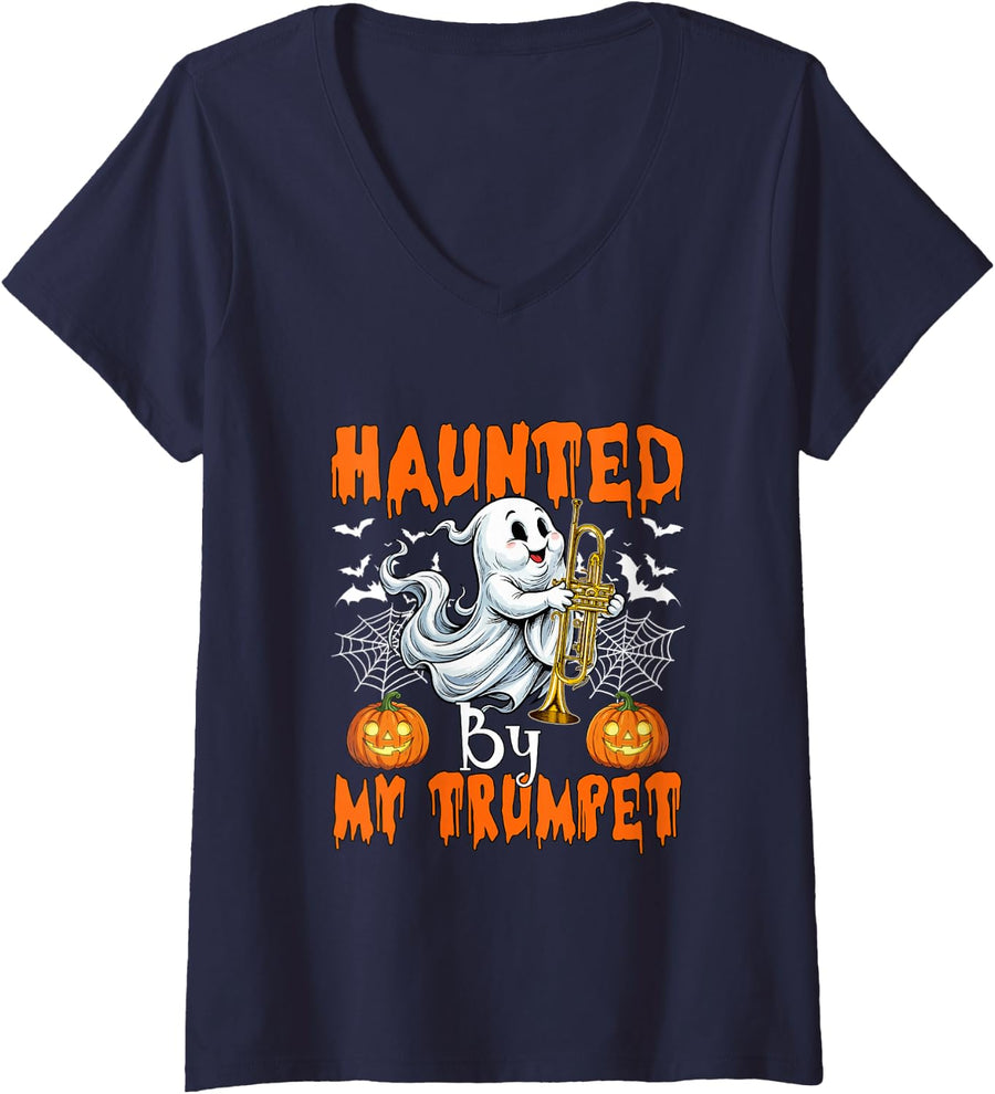 Women's Haunted By My Trumpet Halloween Boo Ghost Instrumentalist V-Neck T-Shirt - Navy Blue