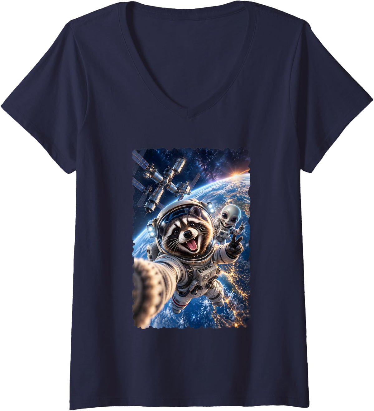 Women's Astronaut Raccoon Selfie with Alien Friend in Orbit V-Neck T-Shirt - Navy Blue