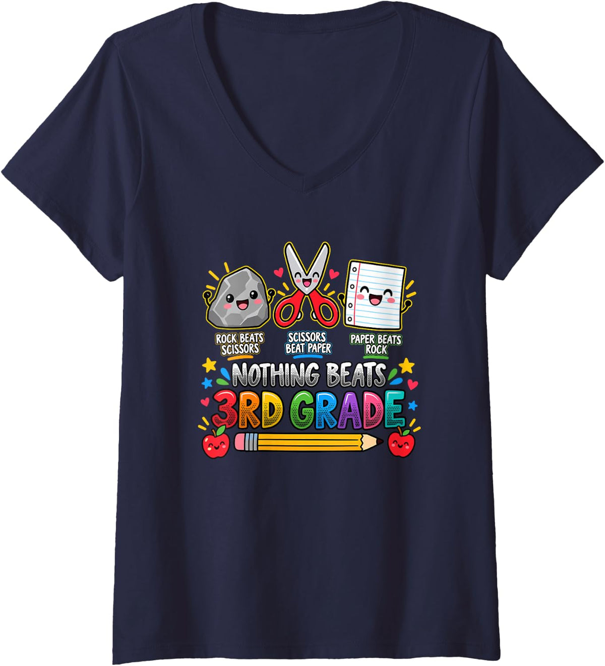 Women's Nothing Beats 3rd Grade Teacher Rock Paper Scissors V-Neck T-Shirt - Navy Blue