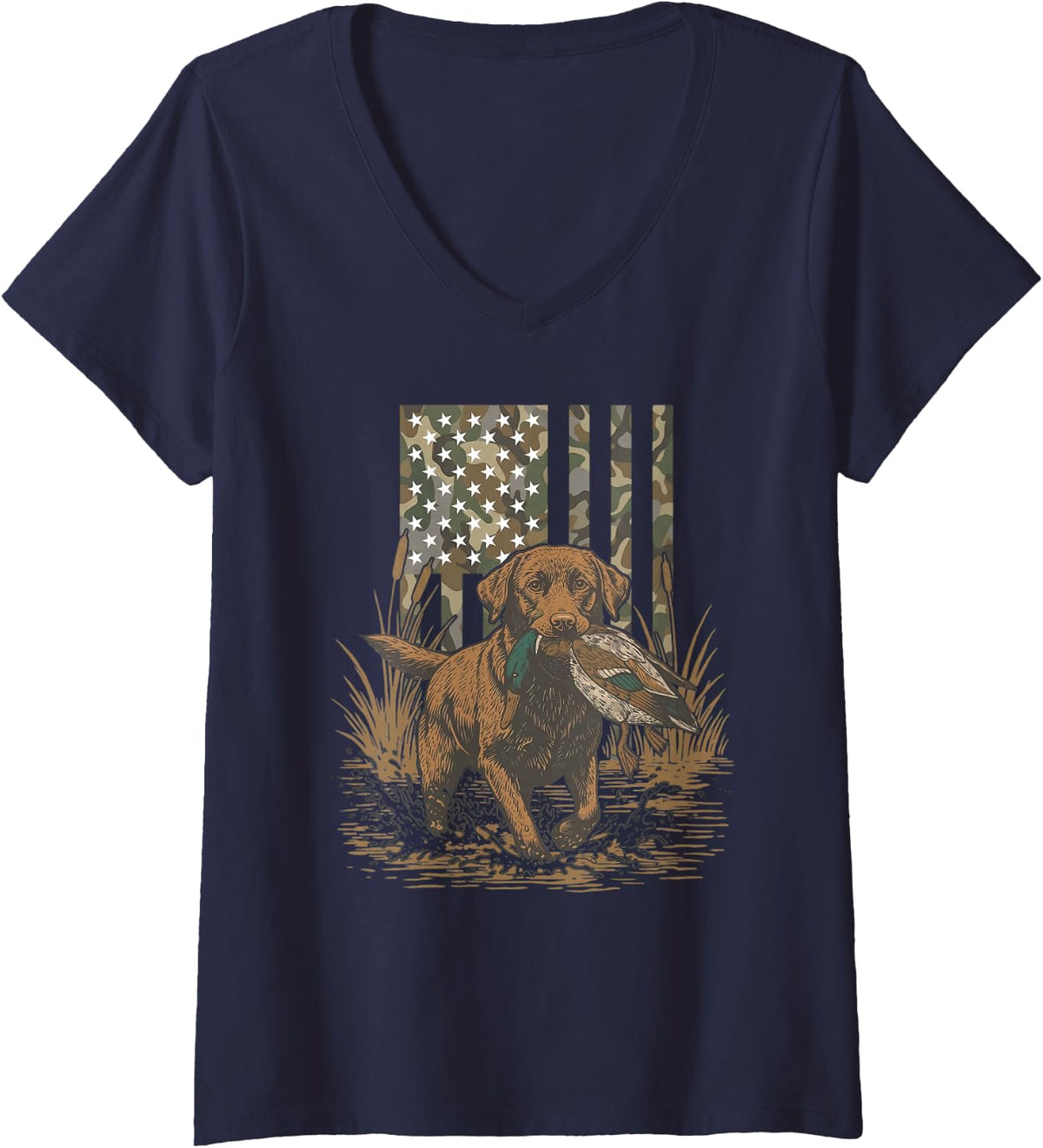 Women's Southern Duck Hunting Dog Lab Mallard Camo American Flag V-Neck T-Shirt - Navy Blue