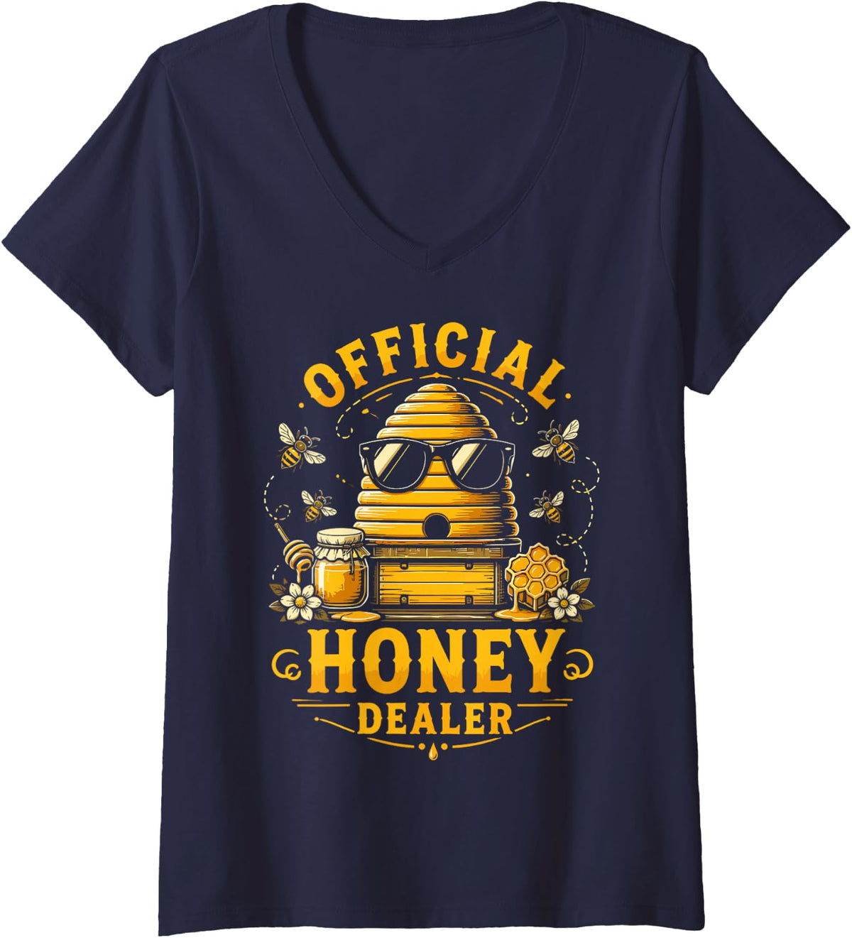 Women's Honey Dealer Beekeeping Funny Bees Beekeeper V-Neck T-Shirt - Navy Blue