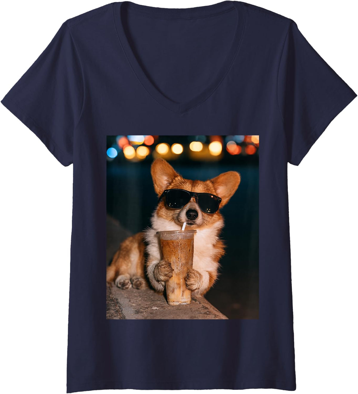 Women's Corgi Drinking Iced Coffee Wearing Sunglasses Meme V-Neck T-Shirt - Navy Blue