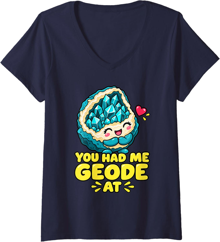 Women's Geology You Had Me At Geode Cute Kawaii Rock Lover Women V-Neck T-Shirt - Navy Blue