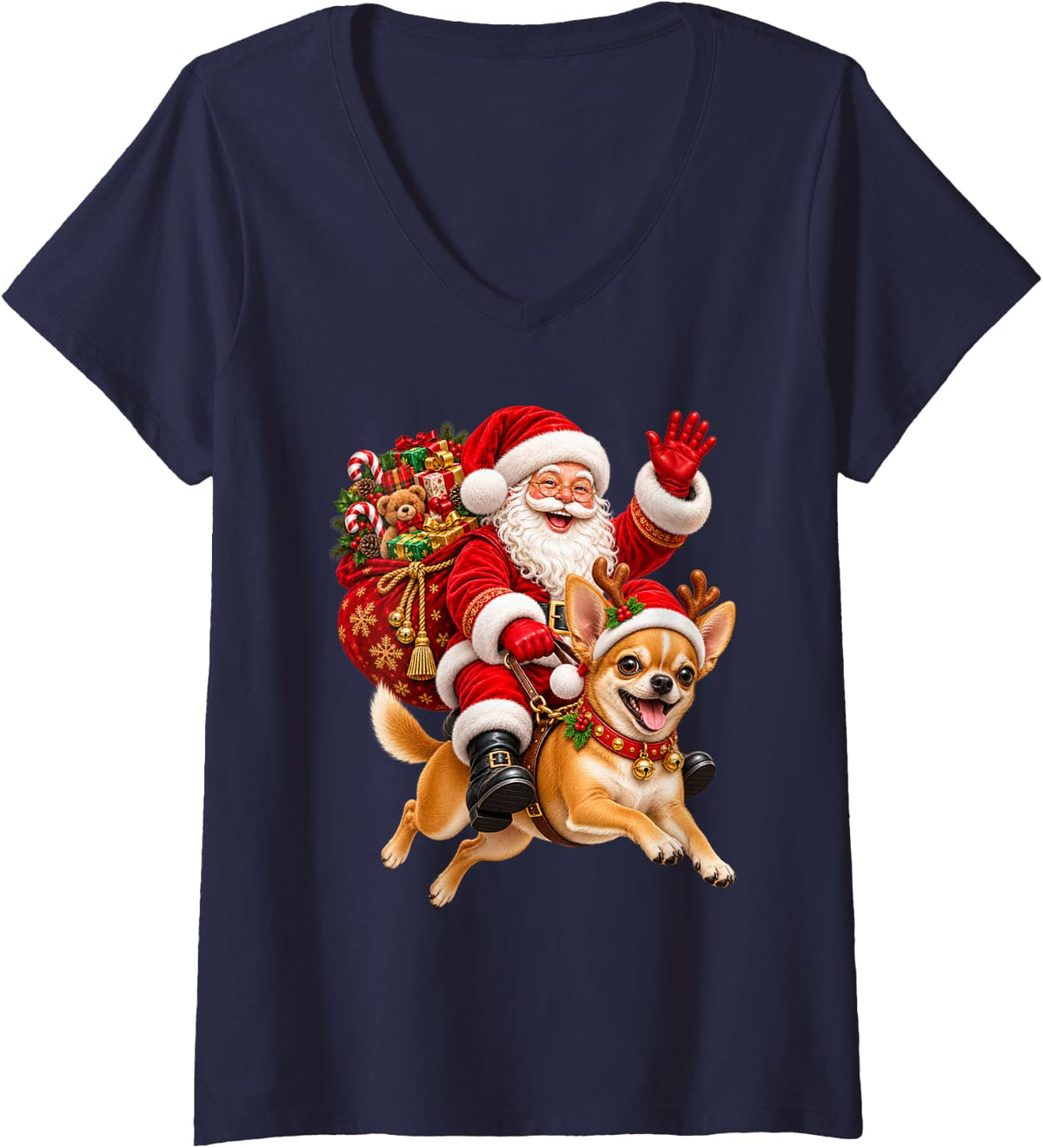 Women's Chihuahua Dog Christmas Hat Santa Riding Pet Dog Xmas V-Neck T-Shirt - Navy Blue