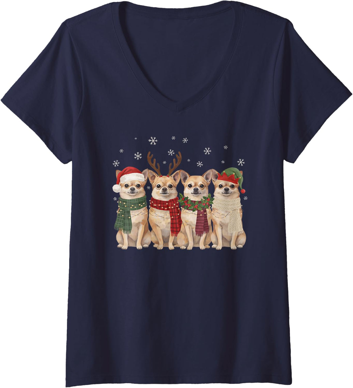 Women's Funny Chihuahua Christmas Friends Scarves Dog Mom Dad Lover V-Neck T-Shirt - Navy Blue