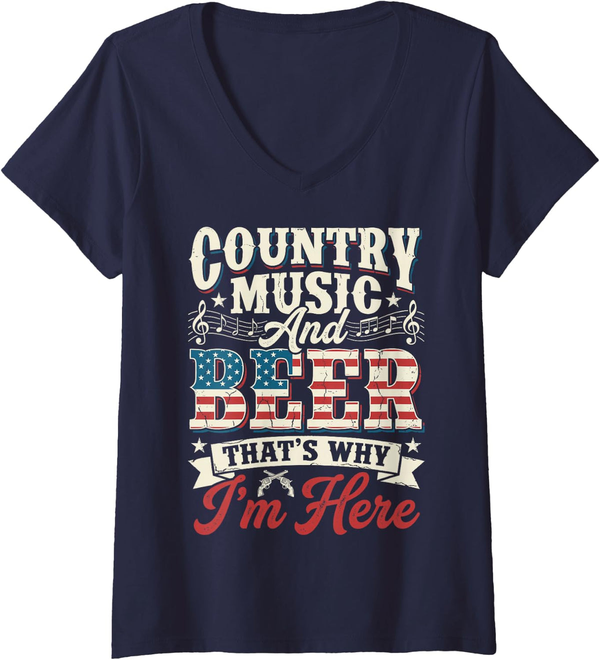Women's Country Music and Beer that’s Why I’m Here Western Tee V-Neck T-Shirt - Navy Blue