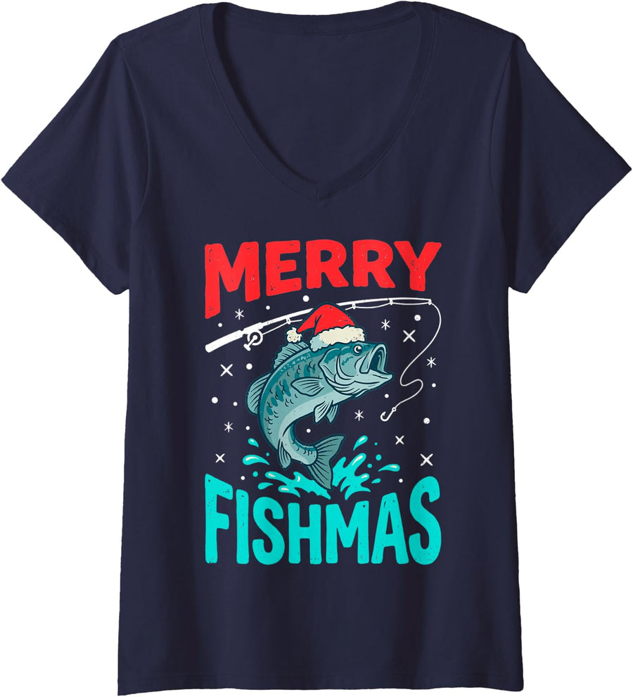 Women's We Fish You A Merry Fishmas Christmas Santa Bass Fishing Tee V-Neck T-Shirt - Navy Blue