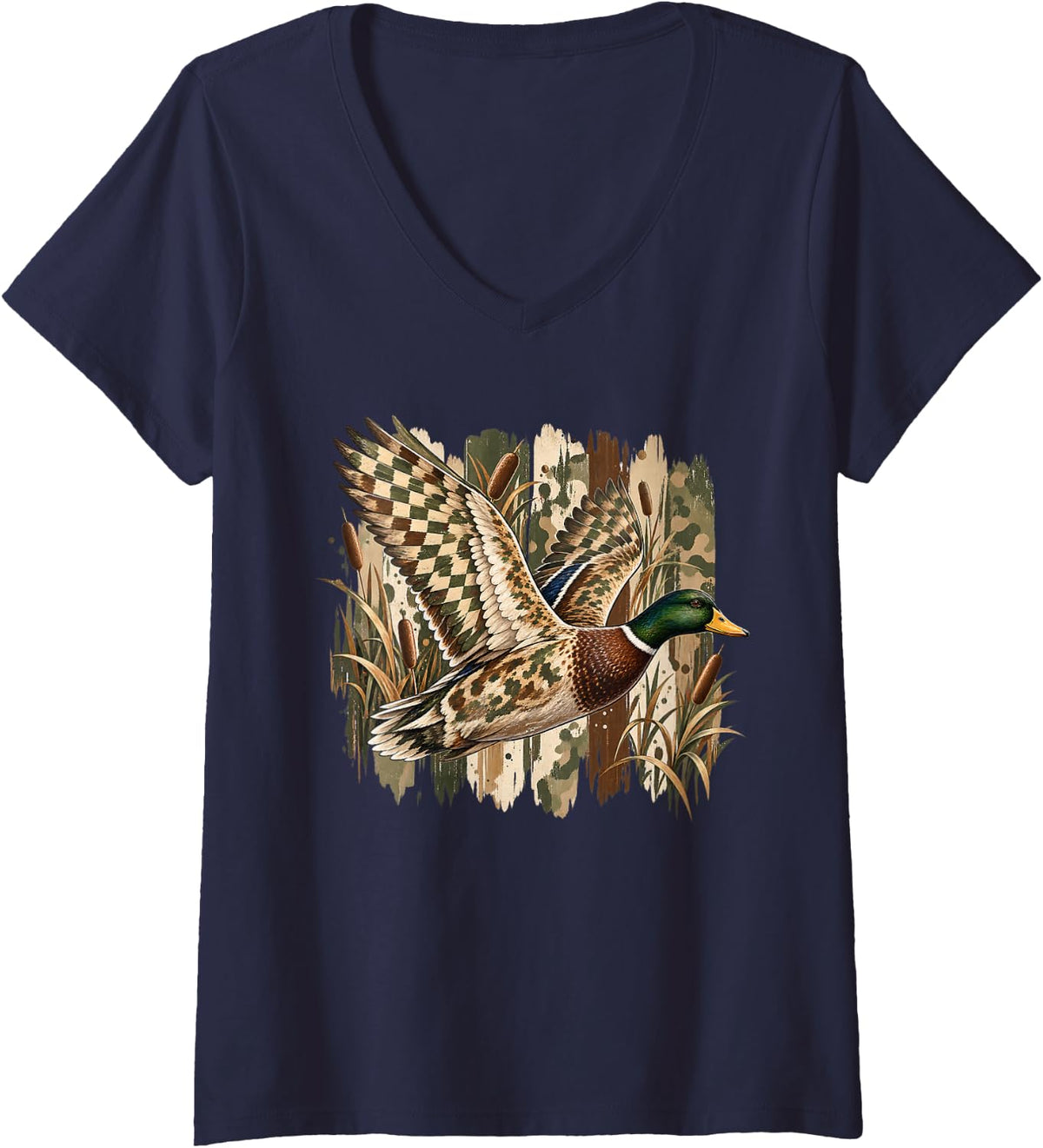 Women's Mallard Duck Hunting Camo Waterfowl Boys Men Camouflage V-Neck T-Shirt - Navy Blue