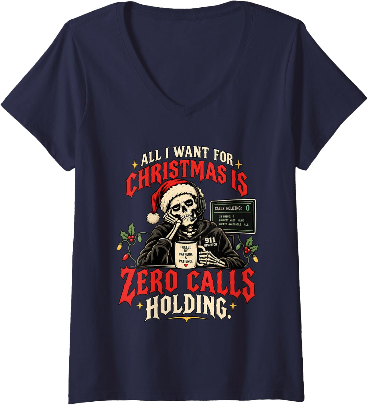 Women's 911 Dispatcher Christmas, Dispatch Life Thin Gold Line Gift V-Neck T-Shirt - Navy Blue